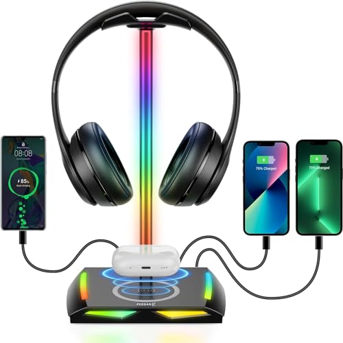 Feegar Hold RGB Kopfhörer Ständer mit Wireless Ladegerät,Gaming-Headset-ständer Headset Halterung Wireless Charge Kopfhörer Halter mit 1*USB 2*Typ-C 11 Lighting Effects Modes Bild 1