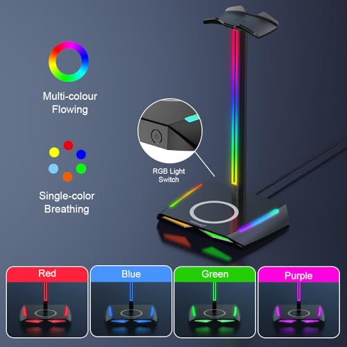 Feegar Hold RGB Kopfhörer Ständer mit Wireless Ladegerät,Gaming-Headset-ständer Headset Halterung Wireless Charge Kopfhörer Halter mit 1*USB 2*Typ-C 11 Lighting Effects Modes Bild 2