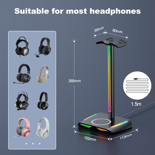 Feegar Hold RGB Kopfhörer Ständer mit Wireless Ladegerät,Gaming-Headset-ständer Headset Halterung Wireless Charge Kopfhörer Halter mit 1*USB 2*Typ-C 11 Lighting Effects Modes Bild 3