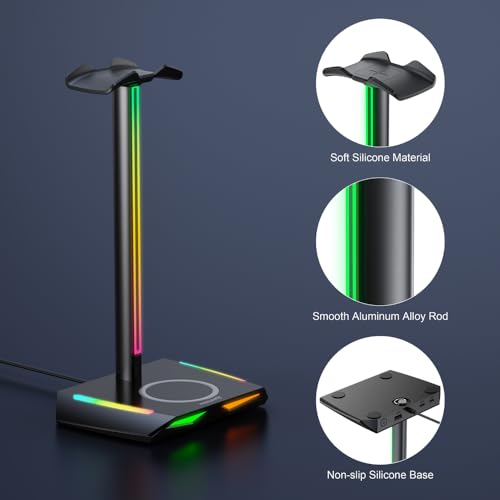 Feegar Hold RGB Kopfhörer Ständer mit Wireless Ladegerät,Gaming-Headset-ständer Headset Halterung Wireless Charge Kopfhörer Halter mit 1*USB 2*Typ-C 11 Lighting Effects Modes Bild 5