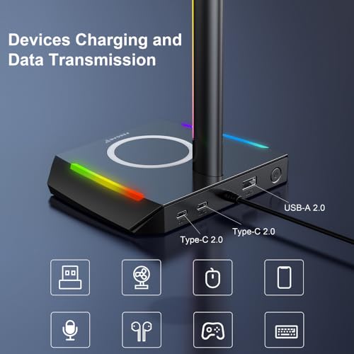 Feegar Hold RGB Kopfhörer Ständer mit Wireless Ladegerät,Gaming-Headset-ständer Headset Halterung Wireless Charge Kopfhörer Halter mit 1*USB 2*Typ-C 11 Lighting Effects Modes Bild 6