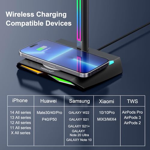 Feegar Hold RGB Kopfhörer Ständer mit Wireless Ladegerät,Gaming-Headset-ständer Headset Halterung Wireless Charge Kopfhörer Halter mit 1*USB 2*Typ-C 11 Lighting Effects Modes Bild 7