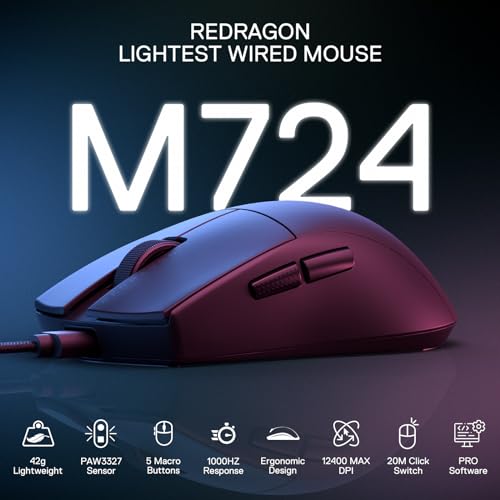 Redragon M724 Kabelgebundene Gaming Maus 42g Ultra-Leicht 12400 Max DPI Gaming Maus mit 5 Programmierbaren Tasten Ergonomischer Natürlicher Griff Software Unterstützt DIY Keybinds & DPI, Schwarz Bild 2