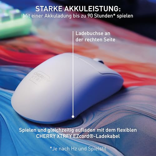 CHERRY XTRFY M68 Pro Wireless, Ultraschnelle Kabellose Gaming-Maus, 2,4 GHz Funk, Optimiert für esports, 8K-Mouse, Symmetrische Form mit Flacher Front, Weiß Bild 7