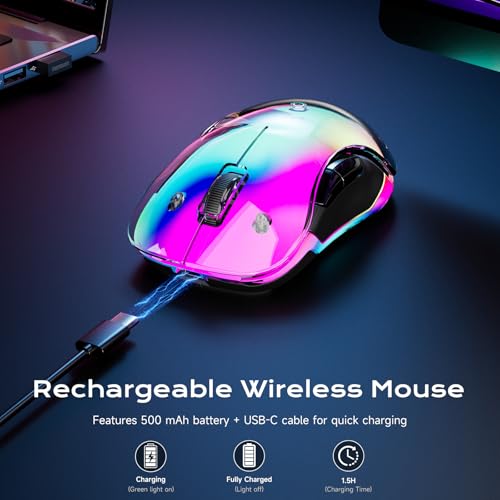 memzuoix LED Kabellose Maus – Wiederaufladbare 2.4G Optische Maus mit Magnetischer Abdeckung, Sanfter RGB-Beleuchtung, 1400 DPI, Ergonomisches Design mit USB-Empfänger für Laptop, PC und MacBook Bild 4