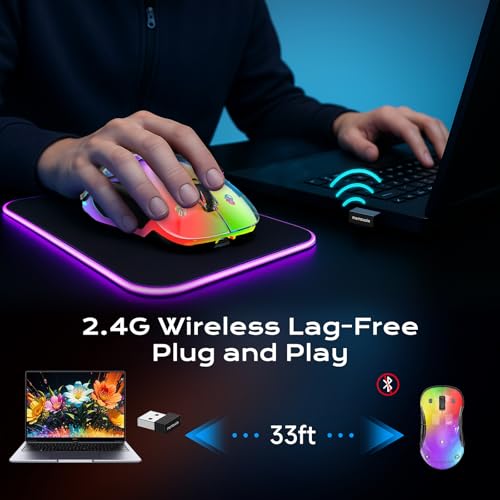 memzuoix LED Kabellose Maus – Wiederaufladbare 2.4G Optische Maus mit Magnetischer Abdeckung, Sanfter RGB-Beleuchtung, 1400 DPI, Ergonomisches Design mit USB-Empfänger für Laptop, PC und MacBook Bild 6