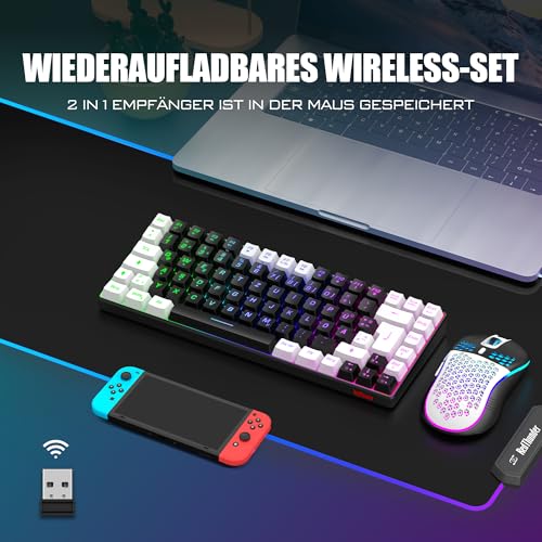 RedThunder 75% Kabelloses Gaming Tastatur und Maus Set, DE TKL Layout, 85 Tasten, Wiederaufladbar Kompakt, Ultraleicht 7200DPI-Maus mit Honeycomb Konstruktion für PC Mac PS5 Xbox Gamer (Schwarz-weiß) Bild 2