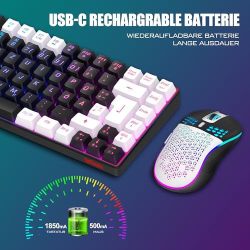 RedThunder 75% Kabelloses Gaming Tastatur und Maus Set, DE TKL Layout, 85 Tasten, Wiederaufladbar Kompakt, Ultraleicht 7200DPI-Maus mit Honeycomb Konstruktion für PC Mac PS5 Xbox Gamer (Schwarz-weiß) Bild 5