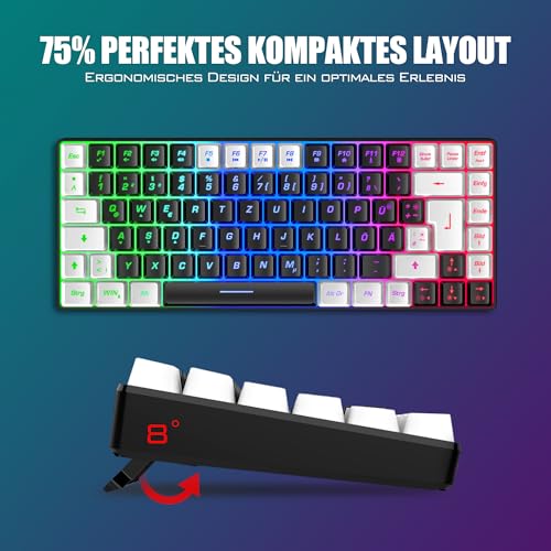 RedThunder 75% Kabelloses Gaming Tastatur und Maus Set, DE TKL Layout, 85 Tasten, Wiederaufladbar Kompakt, Ultraleicht 7200DPI-Maus mit Honeycomb Konstruktion für PC Mac PS5 Xbox Gamer (Schwarz-weiß) Bild 6