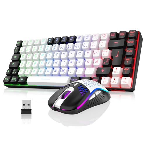 RedThunder 75% Kabelloses Gaming Tastatur und Maus Set, DE TKL Layout, 85 Tasten, Wiederaufladbar Kompakt, Ultraleicht 7200DPI-Maus mit Honeycomb Konstruktion für PC Mac PS5 Xbox Gamer (Weiß-Schwarz) Bild 1