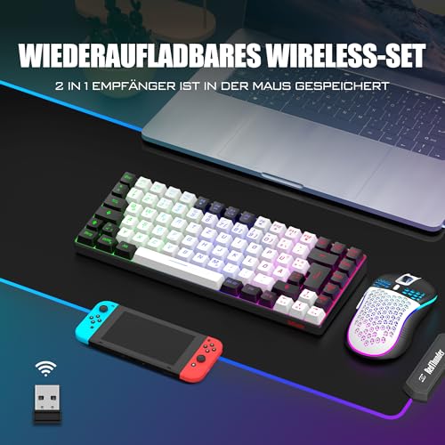 RedThunder 75% Kabelloses Gaming Tastatur und Maus Set, DE TKL Layout, 85 Tasten, Wiederaufladbar Kompakt, Ultraleicht 7200DPI-Maus mit Honeycomb Konstruktion für PC Mac PS5 Xbox Gamer (Weiß-Schwarz) Bild 2