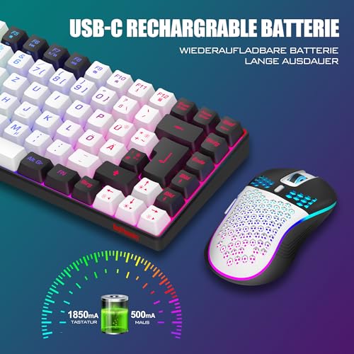 RedThunder 75% Kabelloses Gaming Tastatur und Maus Set, DE TKL Layout, 85 Tasten, Wiederaufladbar Kompakt, Ultraleicht 7200DPI-Maus mit Honeycomb Konstruktion für PC Mac PS5 Xbox Gamer (Weiß-Schwarz) Bild 5