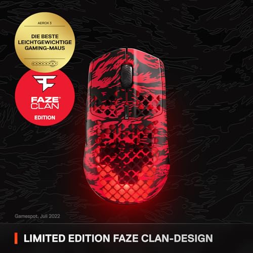 SteelSeries Aerox 3 Wireless - Faze Clan Edition - RGB Gaming Maus mit Öffnungen in der Oberfläche - Optischer TrueMove Air-Sensor mit 18 Tsd. DPI - Federleichtes, wasserabweisendes Design Bild 2