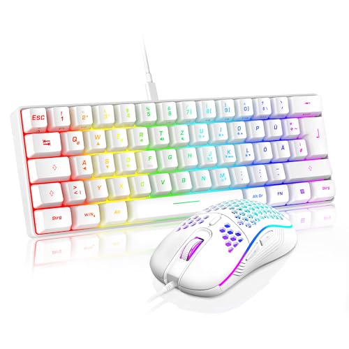 RedThunder 60% RGB Verkabelte Gaming Tastatur und Maus Set, 7200 DPI, Mini Gaming Tastatur, 62 Tasten, DE Layout, Ultraleichte Maus mit Wabenkonstruktion für PC MAC PS5 Xbox Gamer (Weiß). Bild 1