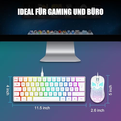 RedThunder 60% RGB Verkabelte Gaming Tastatur und Maus Set, 7200 DPI, Mini Gaming Tastatur, 62 Tasten, DE Layout, Ultraleichte Maus mit Wabenkonstruktion für PC MAC PS5 Xbox Gamer (Weiß). Bild 5