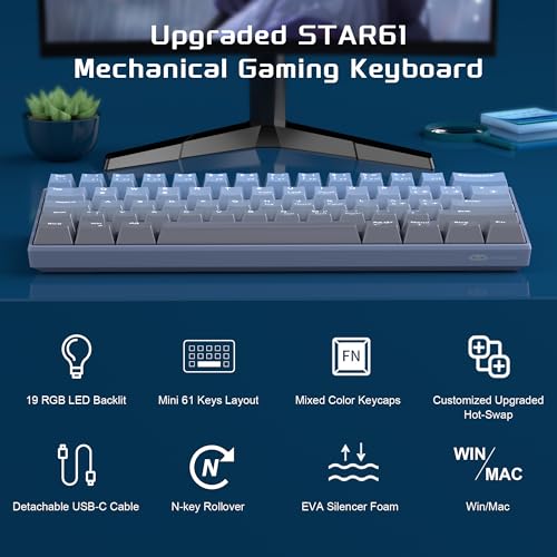MageGee MK-STAR61 60% Mechanische Tastatur DE Layout, Hot-Swap-fähige kabelgebundene RGB-Gaming-Tastatur mit Farbstoff-Sublimationstastenkappen, vorgeölten Schaltern, Eva-Schaum für Mac/Win (blau) Bild 2
