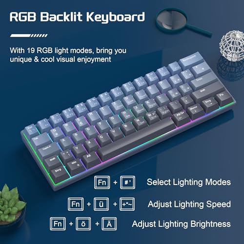 MageGee MK-STAR61 60% Mechanische Tastatur DE Layout, Hot-Swap-fähige kabelgebundene RGB-Gaming-Tastatur mit Farbstoff-Sublimationstastenkappen, vorgeölten Schaltern, Eva-Schaum für Mac/Win (blau) Bild 6
