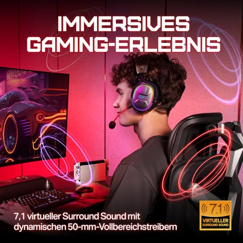 OXS Storm G2 Kabelloses Gaming-Headset, 7,1 Virtueller Surround Sound, 3 EQ Modi, 2,4 GHz Niedrige Latenz, 50 mm Treiber, RGB Beleuchtung, Bluetooth 5.3, Kompatibel mit PC, Konsole, Handy, Schwarz Bild 2