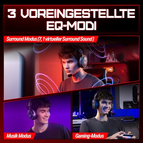OXS Storm G2 Kabelloses Gaming-Headset, 7,1 Virtueller Surround Sound, 3 EQ Modi, 2,4 GHz Niedrige Latenz, 50 mm Treiber, RGB Beleuchtung, Bluetooth 5.3, Kompatibel mit PC, Konsole, Handy, Schwarz Bild 3