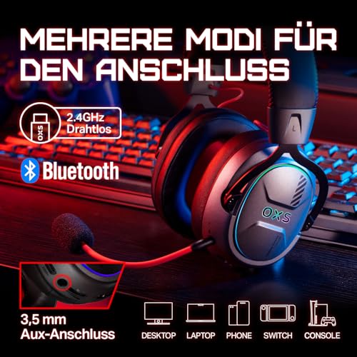 OXS Storm G2 Kabelloses Gaming-Headset, 7,1 Virtueller Surround Sound, 3 EQ Modi, 2,4 GHz Niedrige Latenz, 50 mm Treiber, RGB Beleuchtung, Bluetooth 5.3, Kompatibel mit PC, Konsole, Handy, Schwarz Bild 5
