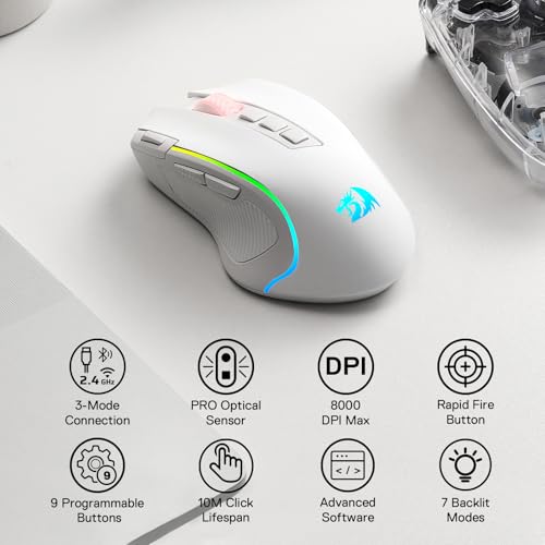 Redragon M612 PRO RGB Gaming Maus 8000 DPI Kabelgebundene/Kabellose Maus mit 9 Programmierbaren Tasten & 6 Hintergrundbeleuchtungsmodi BT & 2.4G Drahtlose Softwareunterstützung, Weiß Bild 2