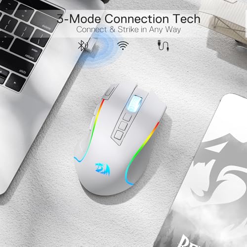 Redragon M612 PRO RGB Gaming Maus 8000 DPI Kabelgebundene/Kabellose Maus mit 9 Programmierbaren Tasten & 6 Hintergrundbeleuchtungsmodi BT & 2.4G Drahtlose Softwareunterstützung, Weiß Bild 4