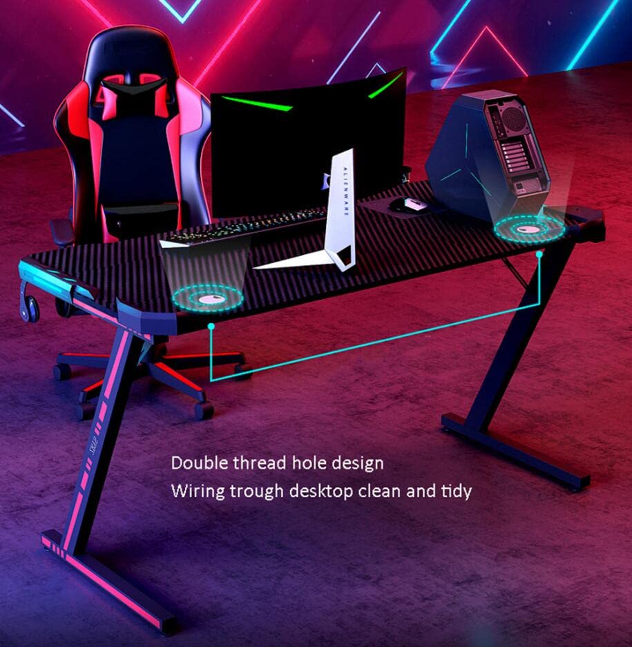 Schreibtisch,Computer-Gaming-Schreibtisch RGB-LED, ergonomischer Gaming-Schreibtisch für PC, Z-förmiger Computerarbeitsplatz, Getränkehalter, Headset-Haken mit stabilem Computertisch aus Met Bild 3