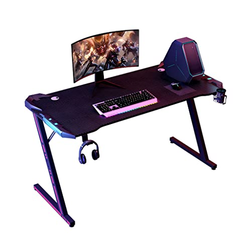 Schreibtisch,Gaming-Schreibtisch mit LED-Leuchten, Z-förmiger Gaming-Tisch, Gamer-Workstation mit großem Mauspad, Getränkehalter, Headset-Haken – Stabiler Computertisch aus Metall und Holz, Bild 1