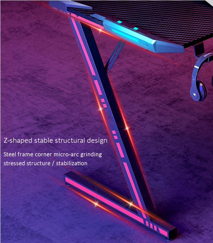 Schreibtisch,Gaming-Schreibtisch mit LED-Leuchten, Z-förmiger Gaming-Tisch, Gamer-Workstation mit großem Mauspad, Getränkehalter, Headset-Haken – Stabiler Computertisch aus Metall und Holz, Bild 6