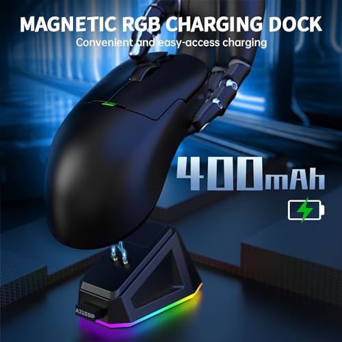 AJAZZ AJ159P SUPERLIGHT Kabellose Gaming-Maus mit Magnetischer Ladestation, Ultraleicht 56g, Pixart PAW3395 Sensor, 26000 DPI, 2,4GHz/Kabelgebunden, 6 Programmierbare Tasten, für PC/MAC (Schwarz) Bild 2