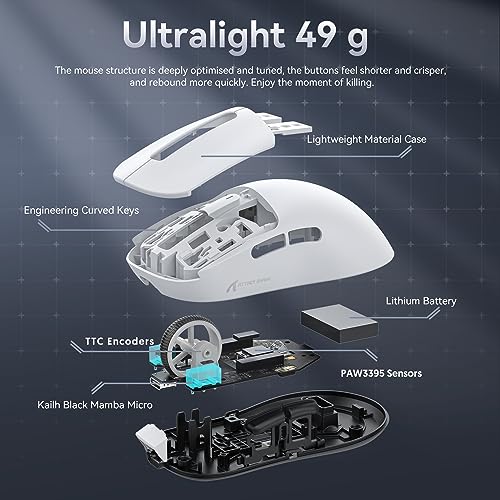 ATTACK SHARK X3 49g Ultralight Mouse, PixArt PAW3395 Gaming Sensor, BT/2.4G Wireless/Wired Gaming Mouse, 26000 DPI, 200 Hours Battery, Office Mice for Win11/Xbox/PS/Mac (White) Bild 5