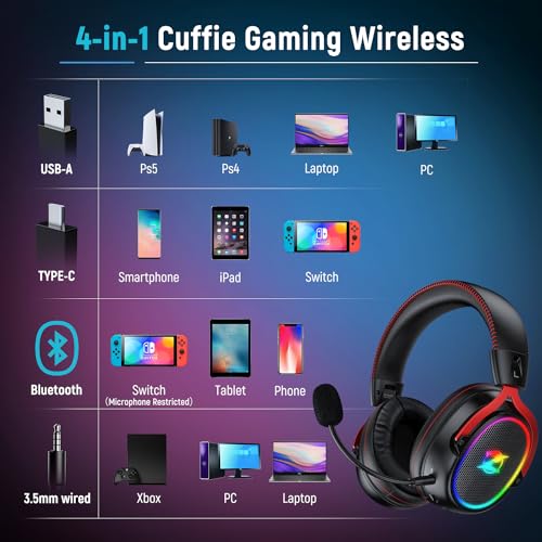 Ozeino OW310: Kabellose Gaming-Kopfhörer für PS4/PS5/PC, 2.4 GHz + Bluetooth 5.4, 7.1 Surround Sound, 40+ Stunden Akkulaufzeit, Schwarz und Rot Bild 2