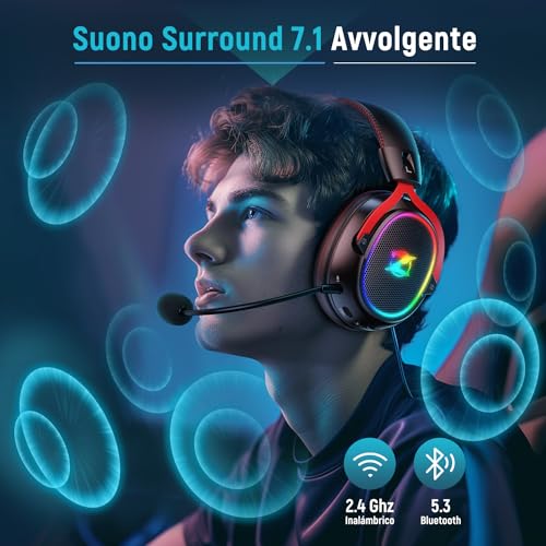 Ozeino OW310: Kabellose Gaming-Kopfhörer für PS4/PS5/PC, 2.4 GHz + Bluetooth 5.4, 7.1 Surround Sound, 40+ Stunden Akkulaufzeit, Schwarz und Rot Bild 3