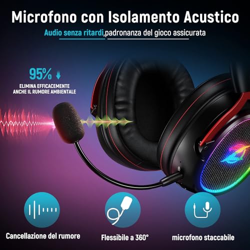 Ozeino OW310: Kabellose Gaming-Kopfhörer für PS4/PS5/PC, 2.4 GHz + Bluetooth 5.4, 7.1 Surround Sound, 40+ Stunden Akkulaufzeit, Schwarz und Rot Bild 5
