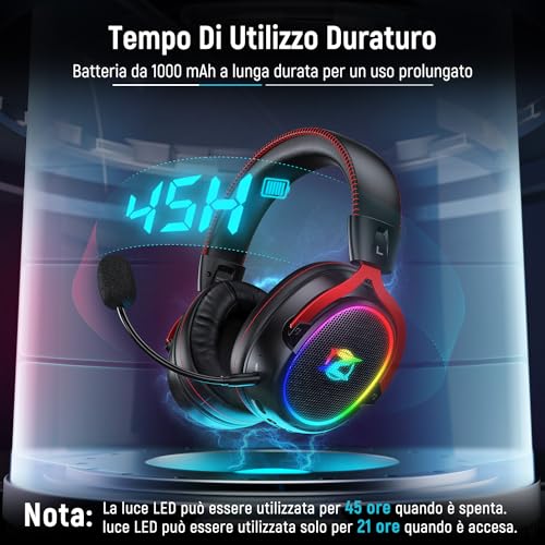 Ozeino OW310: Kabellose Gaming-Kopfhörer für PS4/PS5/PC, 2.4 GHz + Bluetooth 5.4, 7.1 Surround Sound, 40+ Stunden Akkulaufzeit, Schwarz und Rot Bild 6
