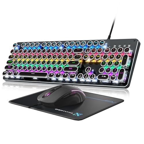Schreibmaschine Mechanische Gaming-Tastatur und Maus, Metall-Panel, Retro-Tastatur mit runder Tastenkappe, blauer Schalter, RGB-Hintergrundbeleuchtung, 104 Tasten, Anti-Ghost-Tastatur, Maus und Bild 1
