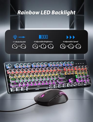 Schreibmaschine Mechanische Gaming-Tastatur und Maus, Metall-Panel, Retro-Tastatur mit runder Tastenkappe, blauer Schalter, RGB-Hintergrundbeleuchtung, 104 Tasten, Anti-Ghost-Tastatur, Maus und Bild 5