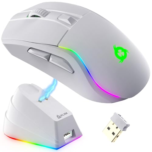 KLIM Blaze Y Wiederaufladbare kabellose Maus - NEU - Gaming Maus mit RGB und Ladestation - Hochpräziser Sensor und langlebiger Akku - Bis zu 6000 DPI - Kabel- und Wireless Mouse für PC - Weiß Bild 1
