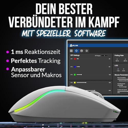 KLIM Blaze Y Wiederaufladbare kabellose Maus - NEU - Gaming Maus mit RGB und Ladestation - Hochpräziser Sensor und langlebiger Akku - Bis zu 6000 DPI - Kabel- und Wireless Mouse für PC - Weiß Bild 3