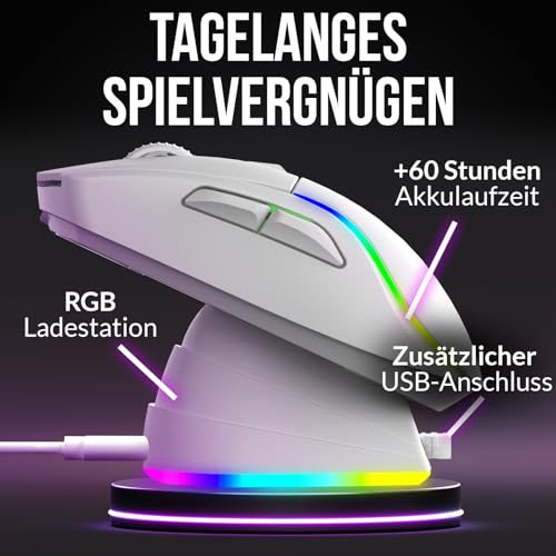 KLIM Blaze Y Wiederaufladbare kabellose Maus - NEU - Gaming Maus mit RGB und Ladestation - Hochpräziser Sensor und langlebiger Akku - Bis zu 6000 DPI - Kabel- und Wireless Mouse für PC - Weiß Bild 6