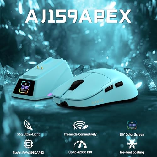 ATTACK SHARK Ajazz AJ159APEX PAW3950 Gaming-Maus, 42000 DPI, 8000Hz Kabellose Abfragerate, RGB-Magnetladestation mit Farbdisplay, 56g Superlight, 2,4G/BT/Kabelgebundene Gaming-Mouse, PC/Mac, Blau Bild 2