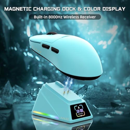 ATTACK SHARK Ajazz AJ159APEX PAW3950 Gaming-Maus, 42000 DPI, 8000Hz Kabellose Abfragerate, RGB-Magnetladestation mit Farbdisplay, 56g Superlight, 2,4G/BT/Kabelgebundene Gaming-Mouse, PC/Mac, Blau Bild 4