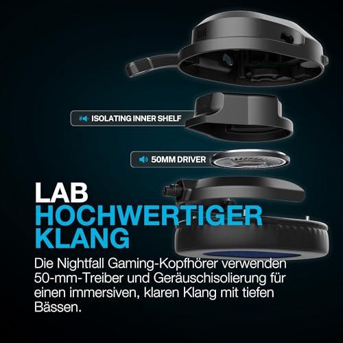 JLab Nightfall Kabelloses Over-Ear-Gaming-Headset, Gaming-Kopfhörer mit Mikrofon für PC/PlayStation/Nintendo Switch, 50 mm Treiber, Wolkenschaumkissen und schallisolierende Innenablage Bild 5