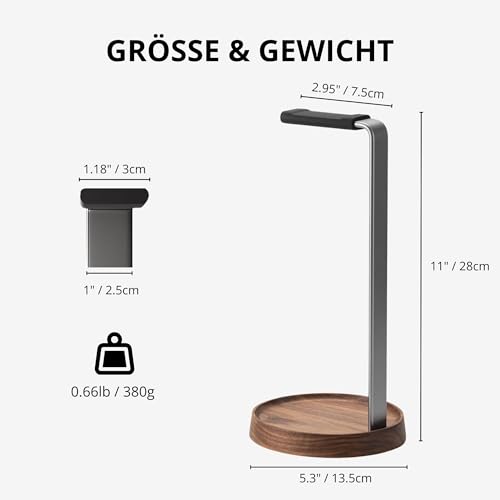 muso wood Kopfhörer Ständer Headset Halterung für Tisch aus Walnussholz und Aluminium, universeller Kopfhörerständer stabiler Kopfhörerhalter für Gaming-Headset und Musik-Headset Bild 3
