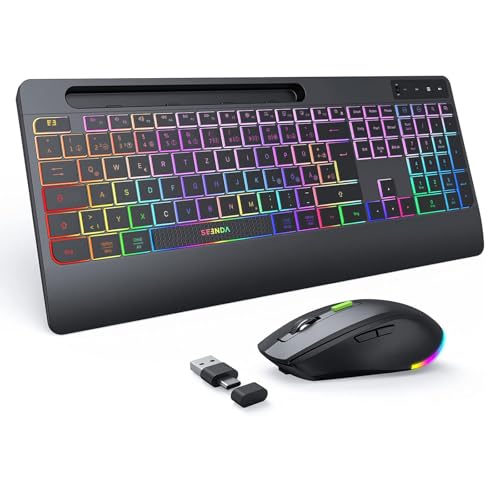 seenda JPX006 Tastatur Maus Set kabellos beleuchtet mit USB-A & USB-C Anschluss, wiederaufladbar, ergonomisch mit Handyhalter & Handballenauflage, leise Tasten, für PC & Mac– QWERTZ Layout Bild 1