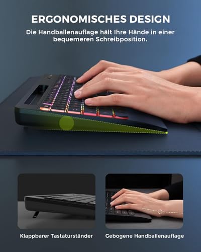 seenda JPX006 Tastatur Maus Set kabellos beleuchtet mit USB-A & USB-C Anschluss, wiederaufladbar, ergonomisch mit Handyhalter & Handballenauflage, leise Tasten, für PC & Mac– QWERTZ Layout Bild 2