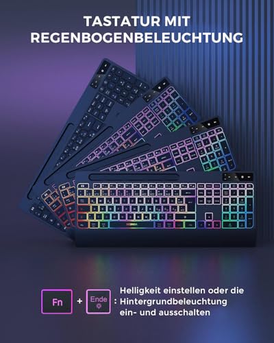 seenda JPX006 Tastatur Maus Set kabellos beleuchtet mit USB-A & USB-C Anschluss, wiederaufladbar, ergonomisch mit Handyhalter & Handballenauflage, leise Tasten, für PC & Mac– QWERTZ Layout Bild 4