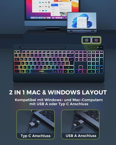 seenda JPX006 Tastatur Maus Set kabellos beleuchtet mit USB-A & USB-C Anschluss, wiederaufladbar, ergonomisch mit Handyhalter & Handballenauflage, leise Tasten, für PC & Mac– QWERTZ Layout Bild 5