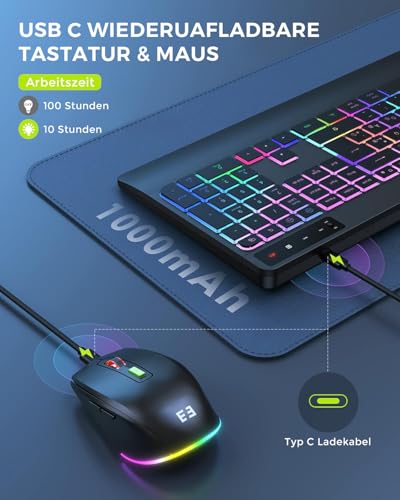 seenda JPX006 Tastatur Maus Set kabellos beleuchtet mit USB-A & USB-C Anschluss, wiederaufladbar, ergonomisch mit Handyhalter & Handballenauflage, leise Tasten, für PC & Mac– QWERTZ Layout Bild 6