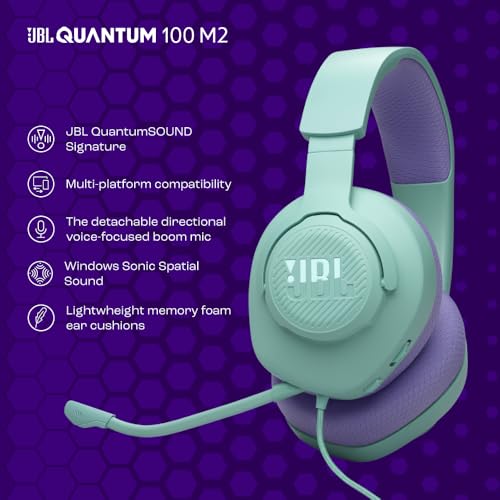 JBL Quantum 100M2 Kabelgebundenes Over-Ear Gaming Headset mit JBL QuantumSOUND Signature, 3,5-mm-Klinke, Multi-Plattform-Kompatibilität und abnehmbarem Mikrofon mit Stummschaltungsoption, Cyan Bild 2